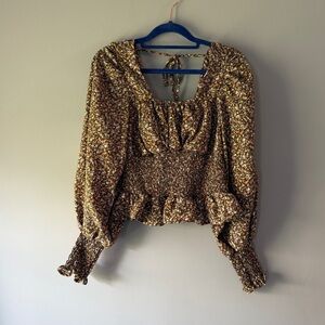 She + Sky Smocked Brown Floral Peasant Shirt - Size S